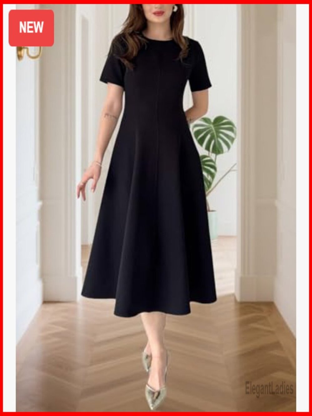 Women's Midi Dress Short Sleeve Fit & Flare A-Line Swing Dress - Picture 5 of 7